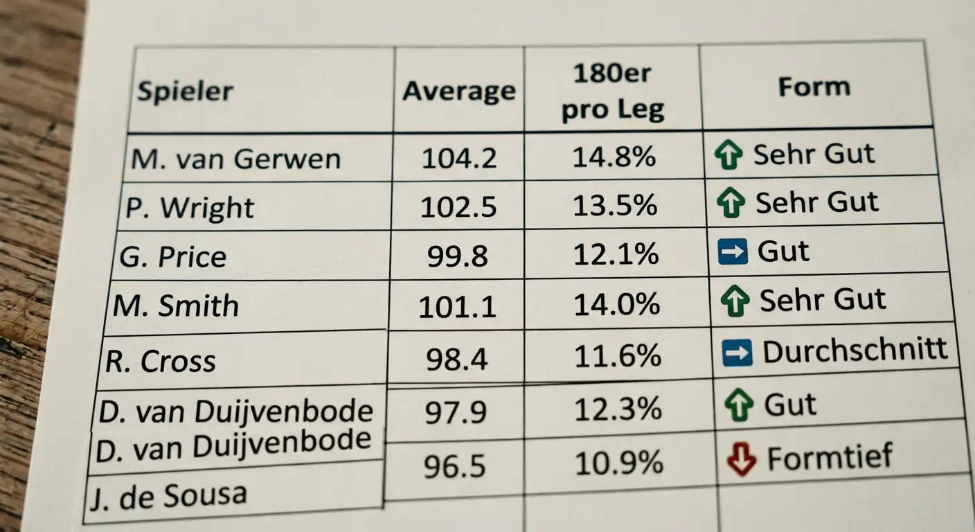 Spielerstatistiken für Darts 180er Wetten — 180er-Rate, Three-Dart-Average und Matchhistorie