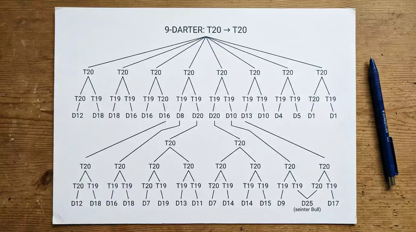 Diagramm der 18 Kombinationswege für einen 9-Darter beim Darts mit Doppelfeldern