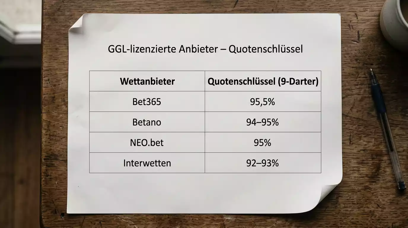 Vergleich der GGL-lizenzierten Anbieter für 9-Darter-Wettmärkte beim Darts