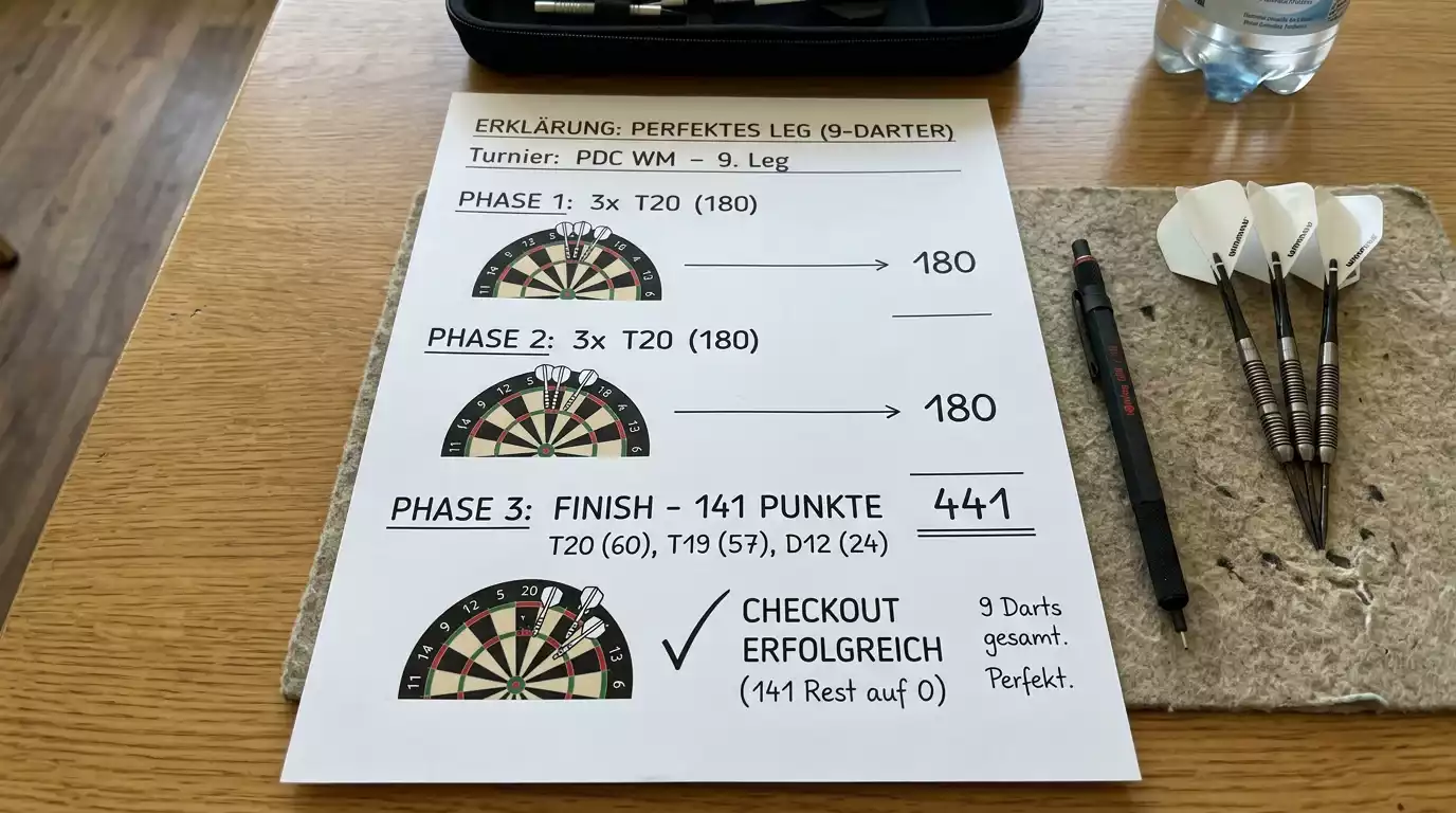 Erklärung des perfekten 9-Darter-Legs beim Darts mit Aufnahmen und Punkteweg