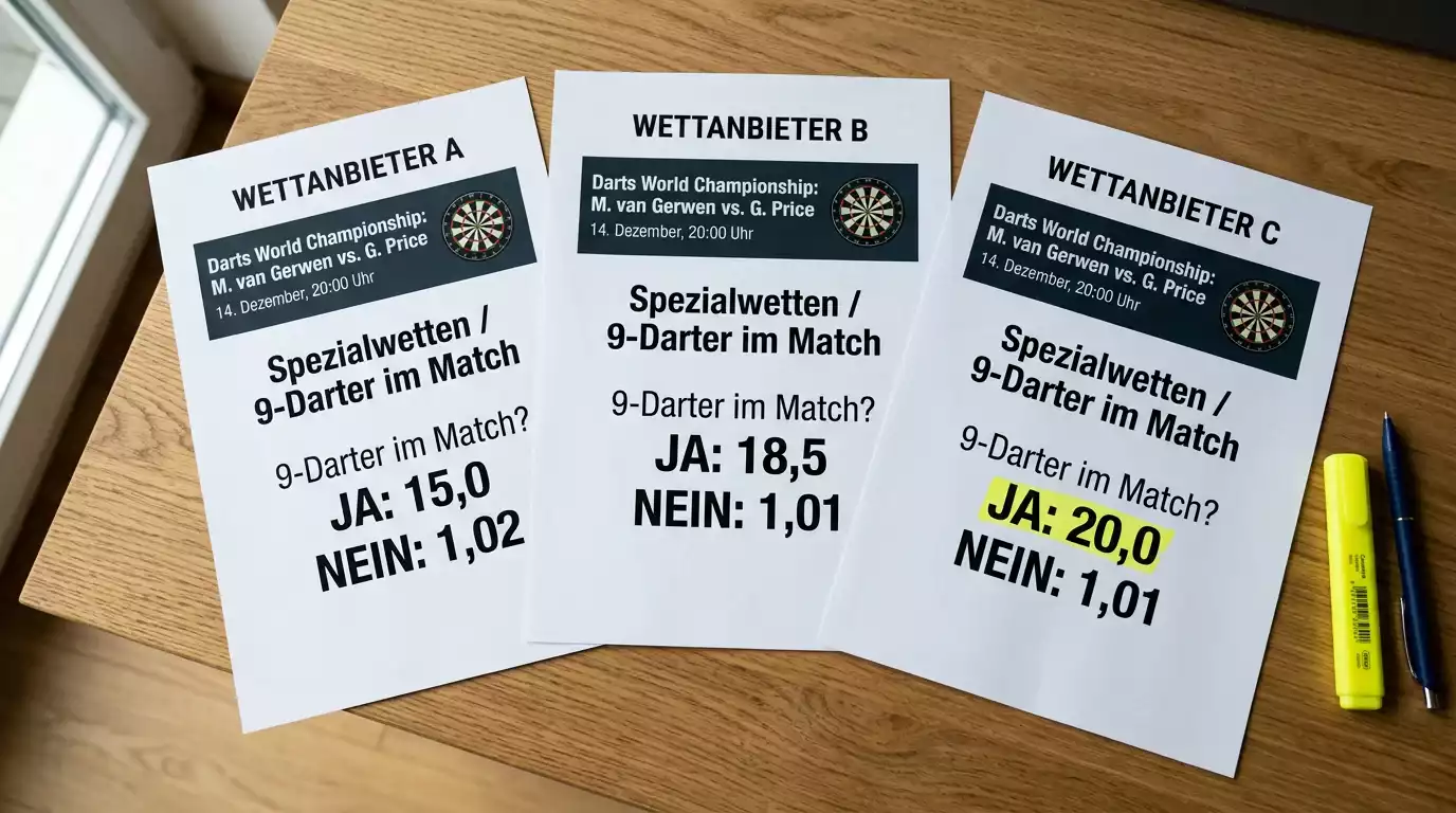 Quotenvergleich für 9-Darter-Wetten bei verschiedenen GGL-lizenzierten Anbietern