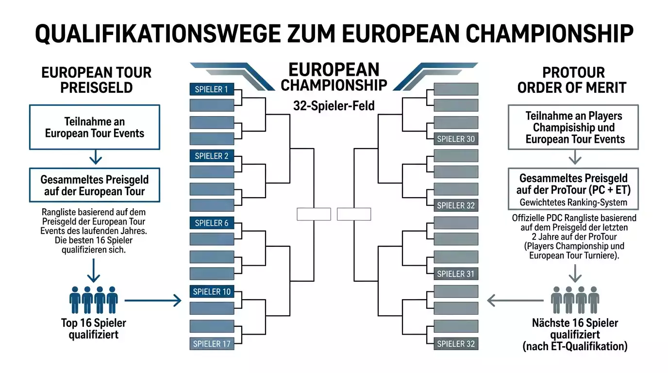 Qualifikationsstruktur der PDC European Championship mit European Tour und ProTour Order of Merit als Zulassungswegen