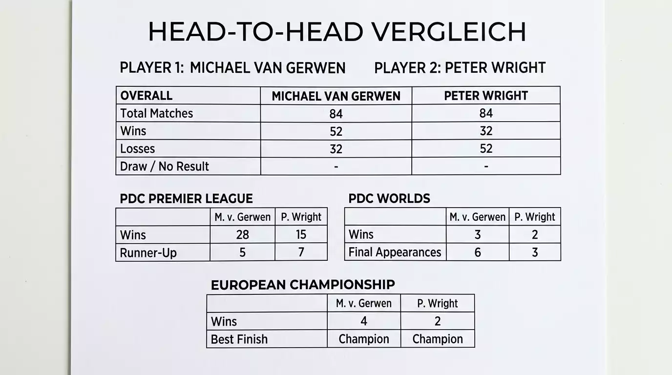 Darts-H2H-Übersicht: Head-to-Head-Bilanz zweier PDC-Spieler mit Siegstatistik und Turnier-Aufschlüsselung