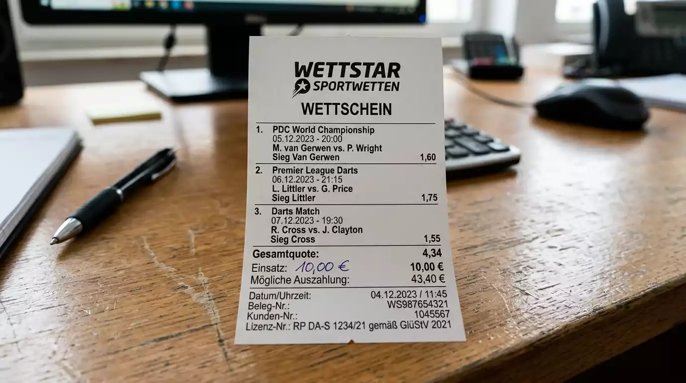 Darts-Kombiwetten-Wettschein bei lizenziertem GGL-Anbieter mit Einzelquoten und berechneter Gesamtquote
