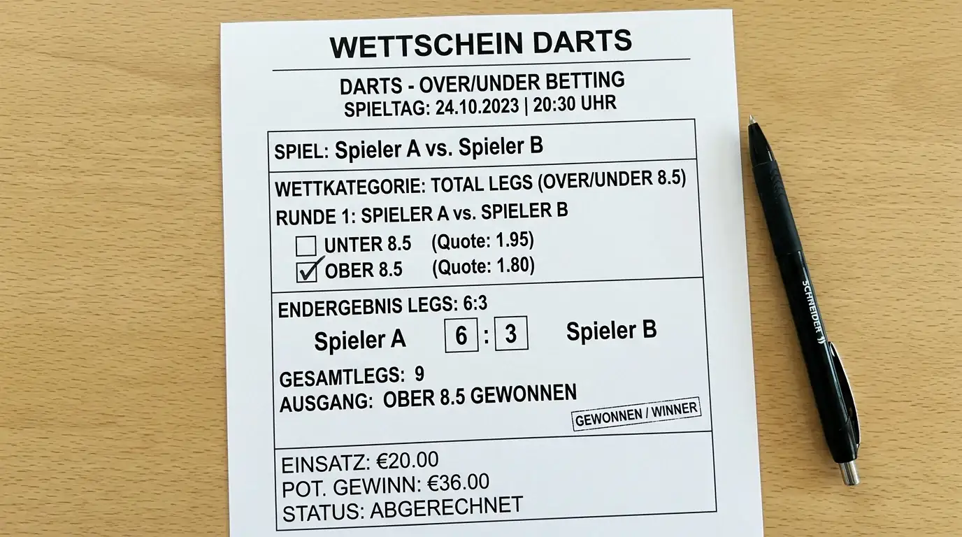 Wettschein-Beispiel für Darts Over/Under Wetten — Total Legs 8,5 mit konkretem Matchergebnis