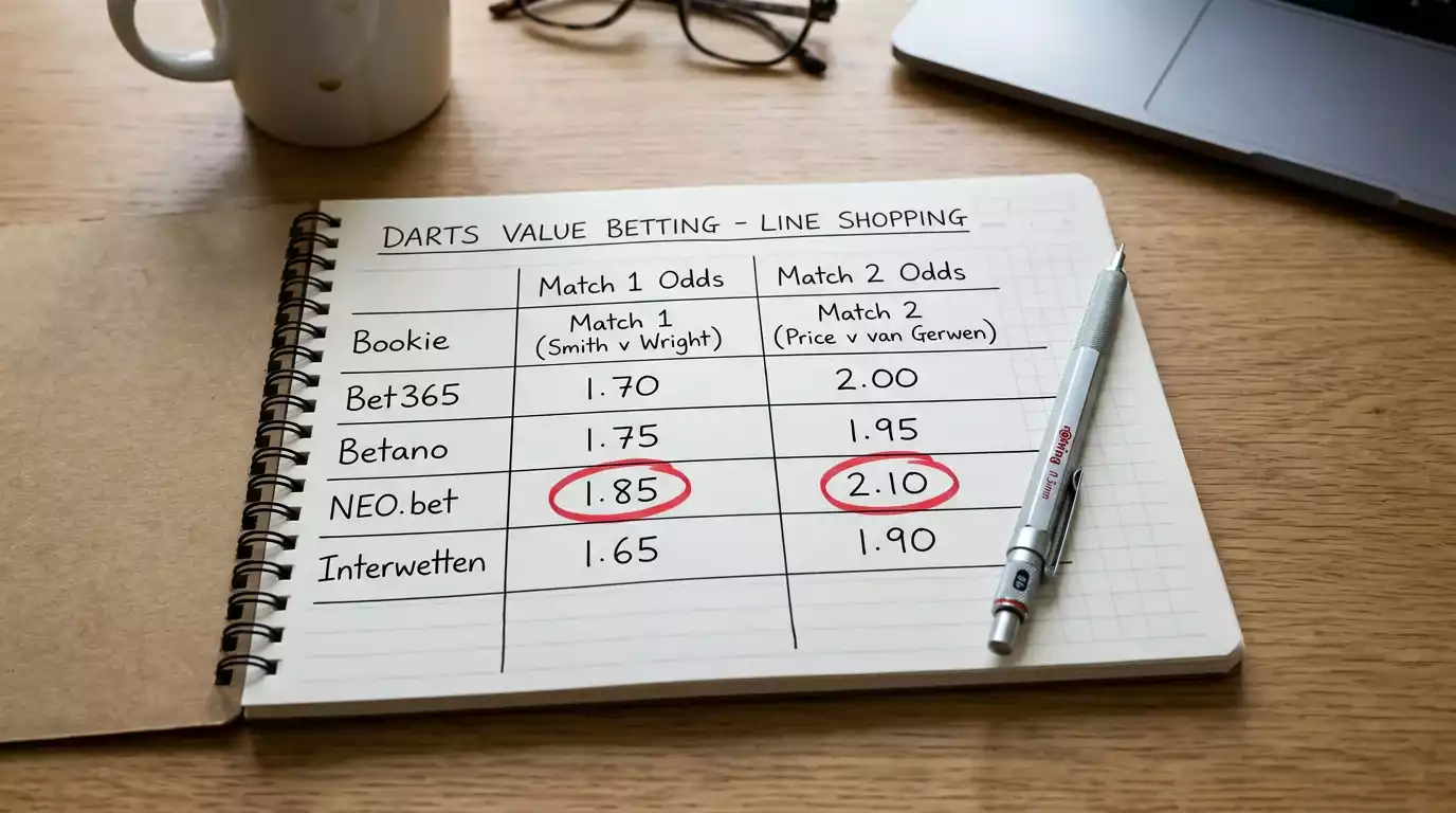 Line-Shopping-Methode für Darts Value Betting: Quotenvergleich über mehrere Anbieter für besten EV
