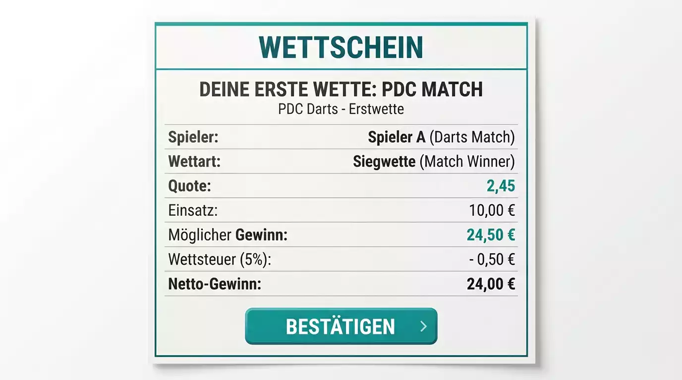 Beispiel-Wettschein für Einsteiger beim Darts: Einzelwette auf PDC-Match mit Einsatz, Quote und möglichem Gewinn