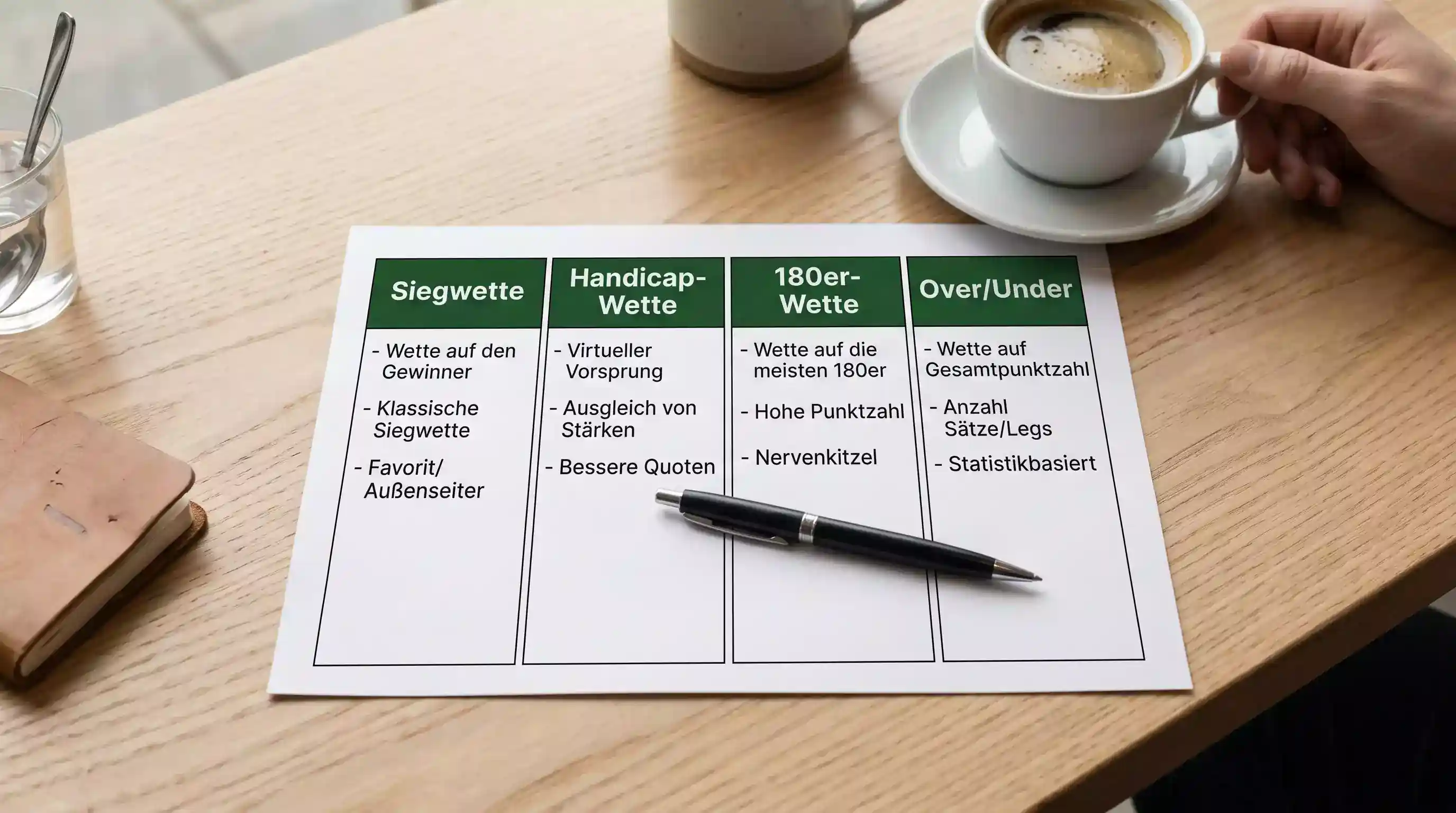 Übersicht der Darts-Wettarten: Siegwette, Handicap-Wette, 180er und Over/Under für Einsteiger erklärt