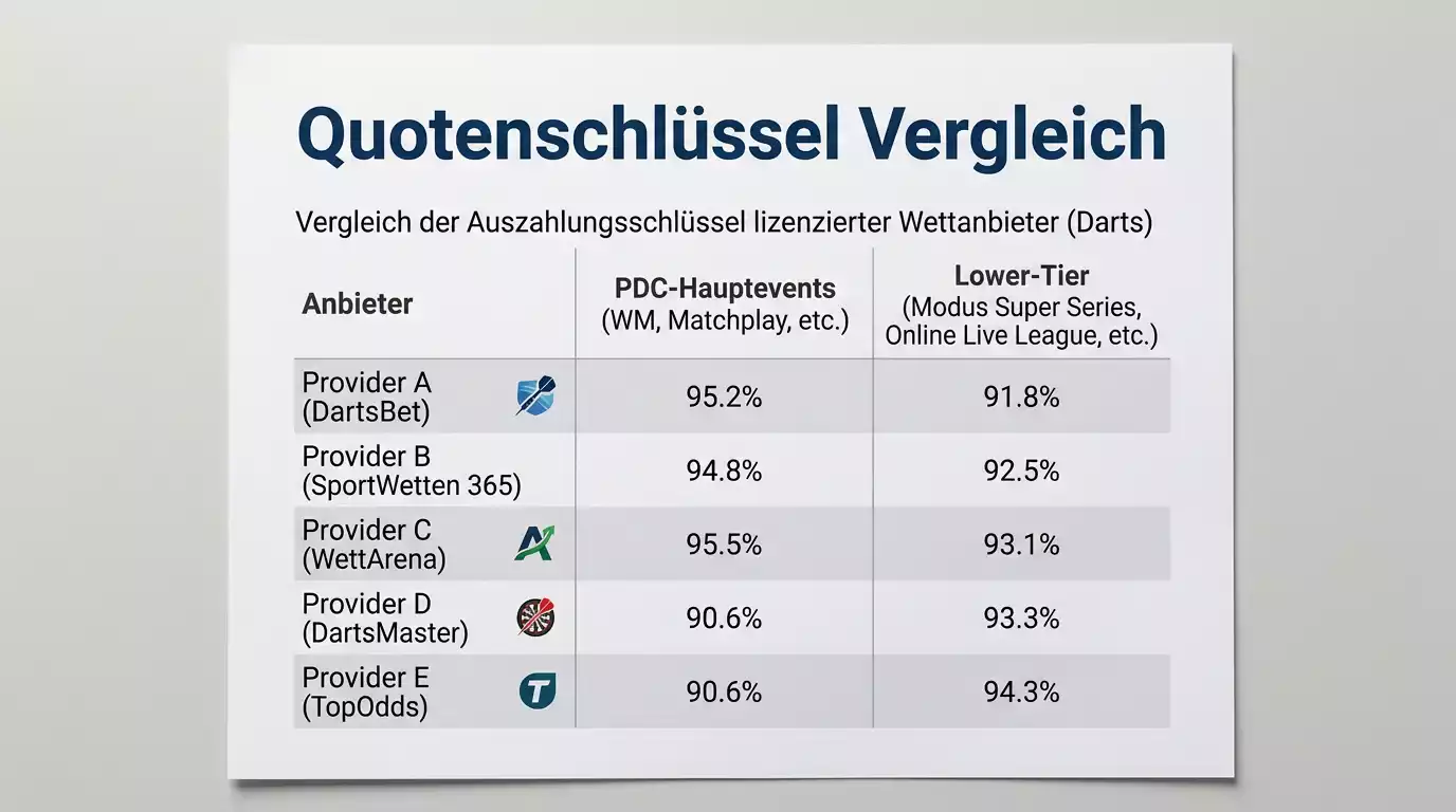 Tabellarischer Darts-Quotenvergleich: Quotenschlüssel von Bet365, Betano, Bwin und weiteren GGL-Anbietern bei PDC-Events