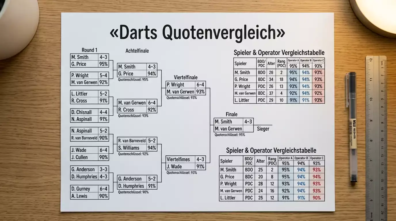 Interwetten Darts-Quoten im Anbietervergleich - Quotenschlüssel und Markttiefe bei PDC-Events