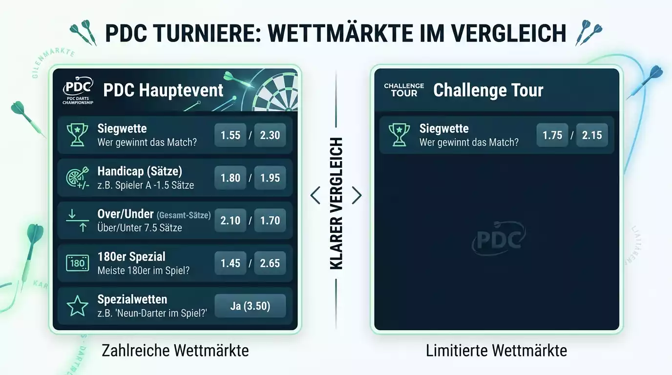 Markttiefe-Vergleich zwischen PDC-Hauptturnieren und Challenge Tour: weniger Wettmärkte und Sonderoptionen bei Lower-Tier-Events
