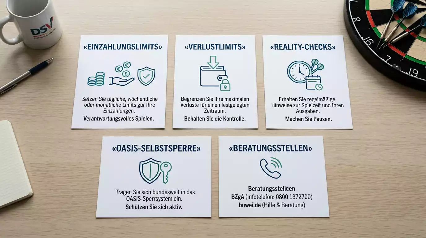 Spielerschutz Darts Wetten Tools Deutschland — Einzahlungslimits Reality-Checks OASIS-Selbstsperre und Hilfsstellen BZgA buwei unter GlüStV 2021